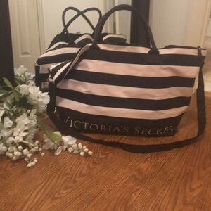 Victoria’s Secret Weekender Tote Bag Canvas Pink Black Striped